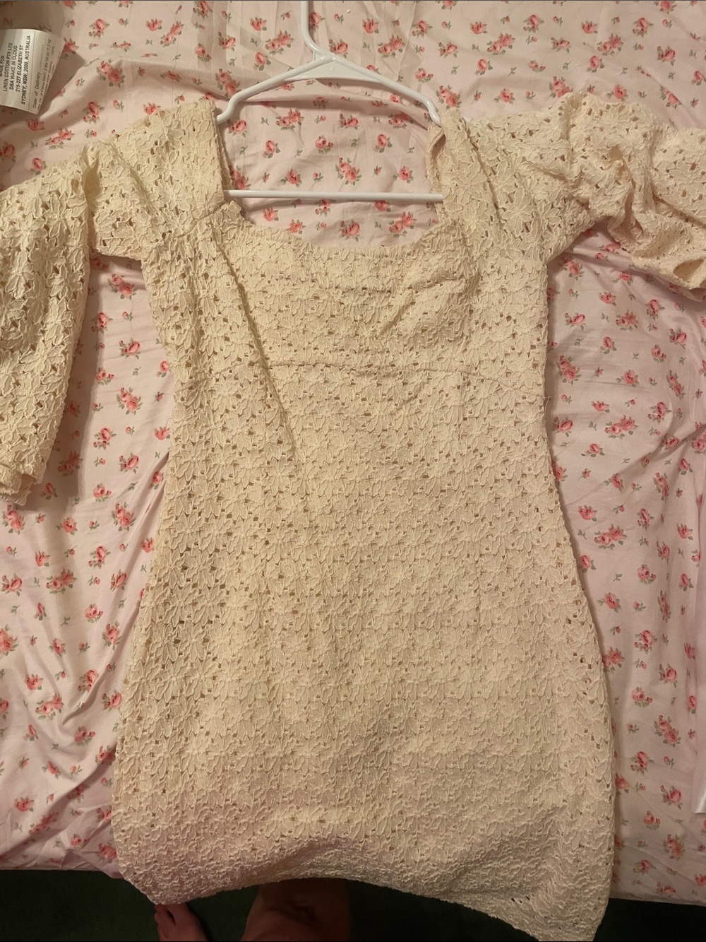Free People Cream Lace Square-Neck Puff Sleeve Dress